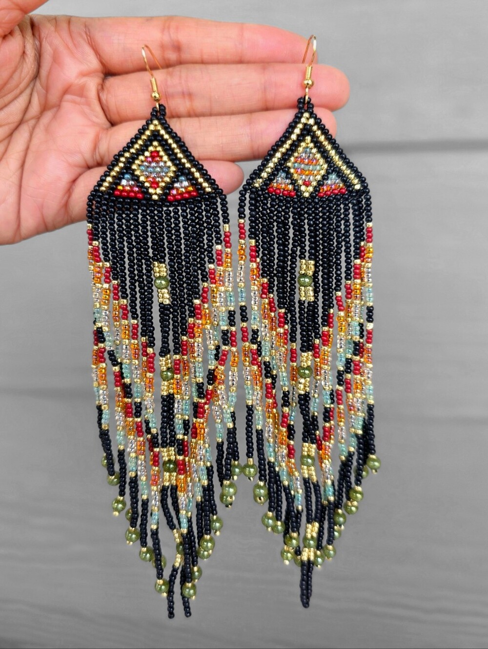 Night Cloud Beaded Earrings Boho Fringe Southwestern Handmade Jewelry - Picture 3 of 3